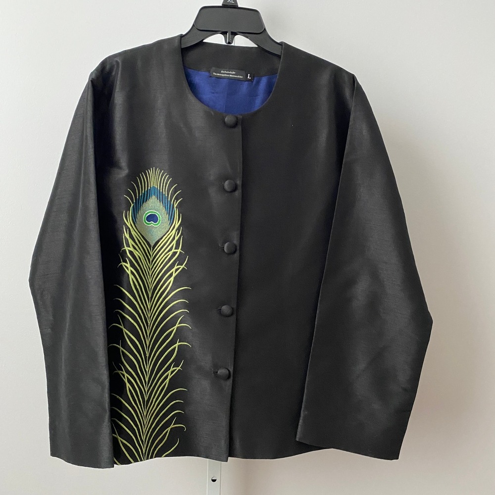 The Metropolitan Museum of Art Silk Quirky Peacock Embroidered Jacket‎ L Blk